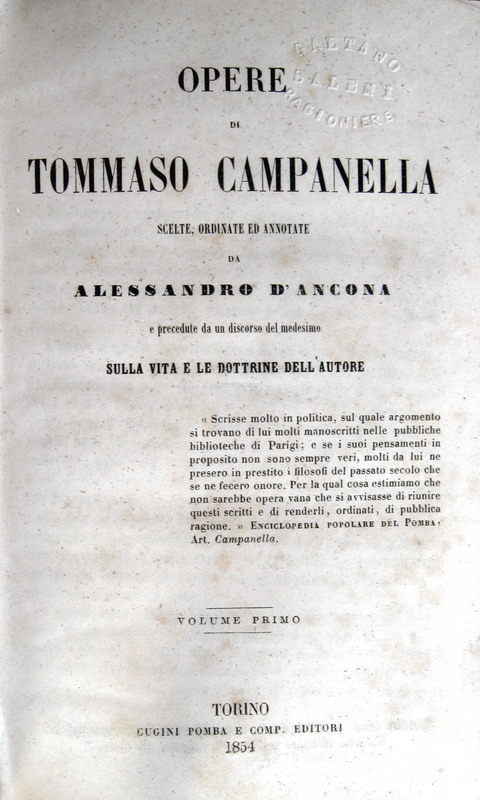 Tommaso Campanella - Opere scelte, ordinate ed annotate da Alessandro DAncona - 1854