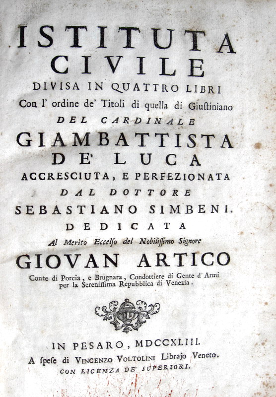 Giambattista De Luca - Istituta civile divisa in quattro libri - 1743