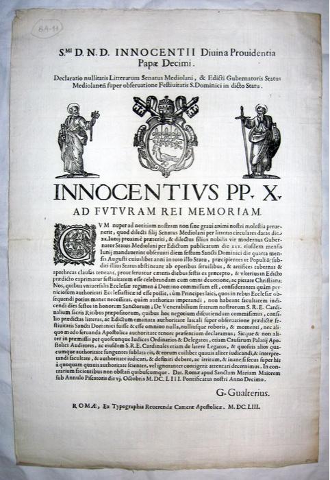 Innocenzo X sulle festivit&agrave; nello Stato di Milano - 1653