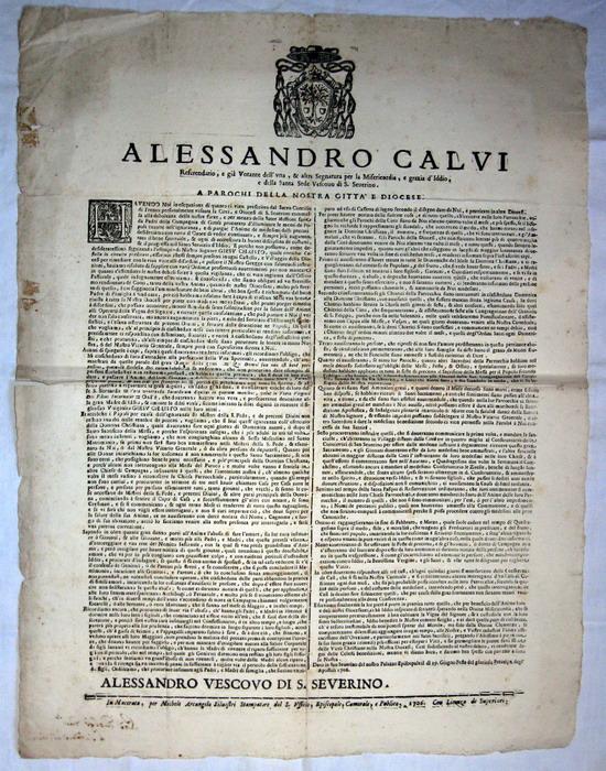 Alessandro Calvi vescovo di San Severino dispone - 1706 Alessandro Calvi vescovo di San Severino dispone - 1706