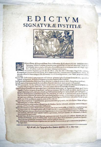Giulio Sacchetti - Editto del Tribunale di Segnatura di Giustizia - 1655