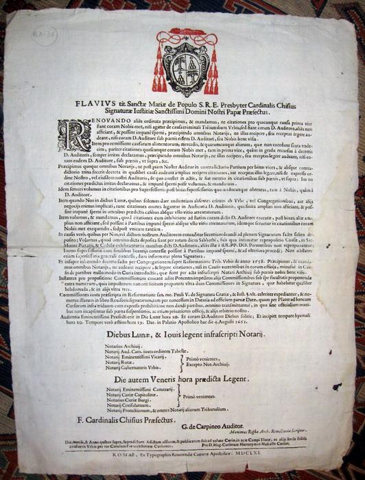 Il cardinale Flavio Chigi dispone su questioni procedurali - 1661 Il cardinale Flavio Chigi dispone su questioni procedurali - 1661