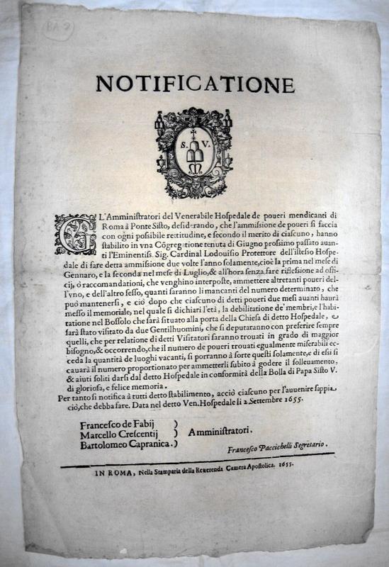 Notificatione - Ospedale dei Mendicanti di Roma - 1655