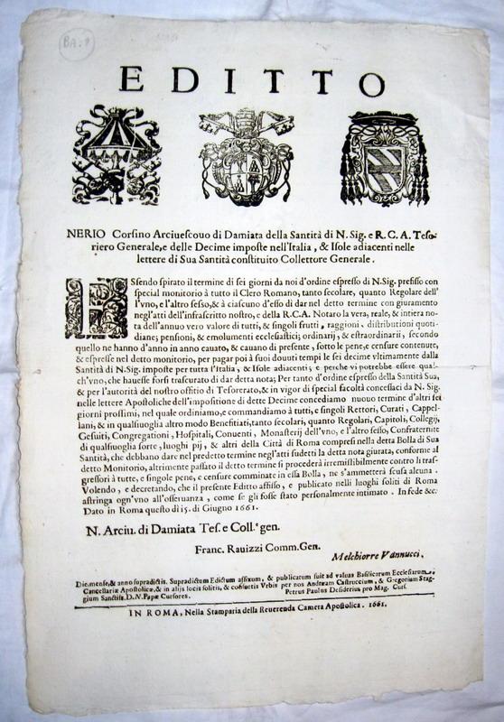 Editto sulle decime imposte in Italia - 1661