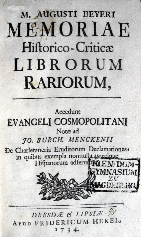 August Beyer - Memoriae librorum rariorum - 1734