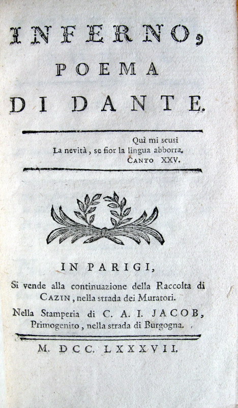 Dante Alighieri - Divina commedia - Parigi, Cazin, 1787