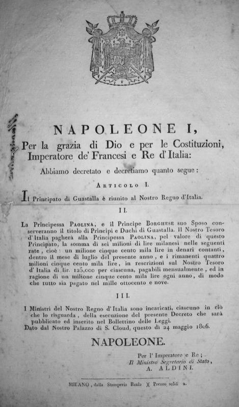 Decreto napoleonico di riunione di Guastalla al regno Decreto napoleonico di riunione di Guastalla al regno