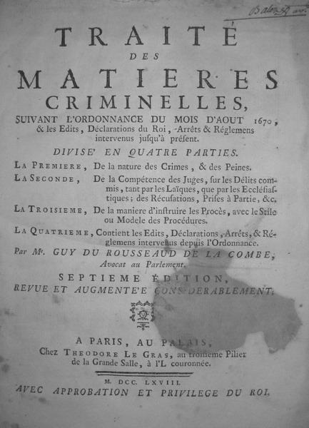 Rousseaud de la Combe - Traite des matieres criminelles