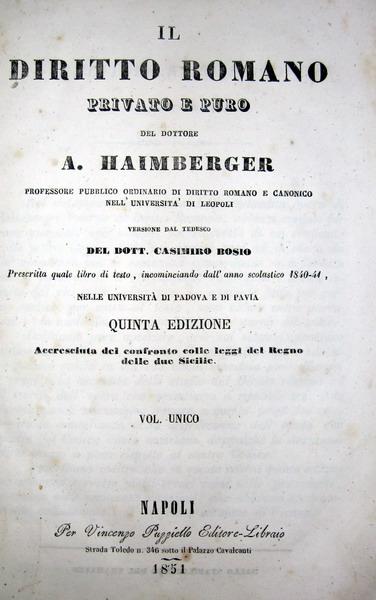 Haimberger - Il diritto romano privato e puro - 1855 Haimberger - Il diritto romano privato e puro - 1855