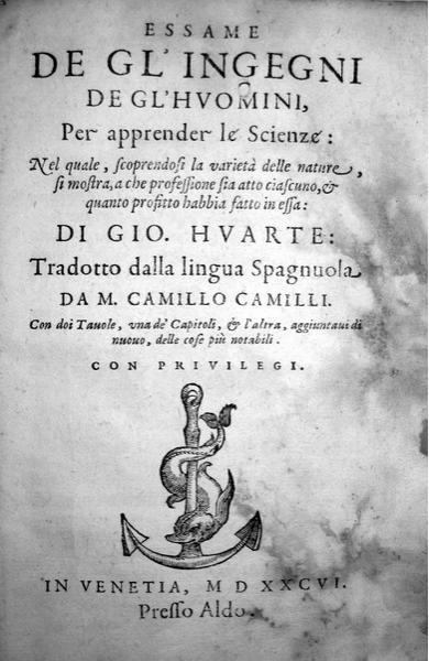 Huarte - Essame de gl'ingegni de gl'homini per apprender le scienze - 1586 Huarte - Essame de gl'ingegni de gl'homini per apprender le scienze - 1586